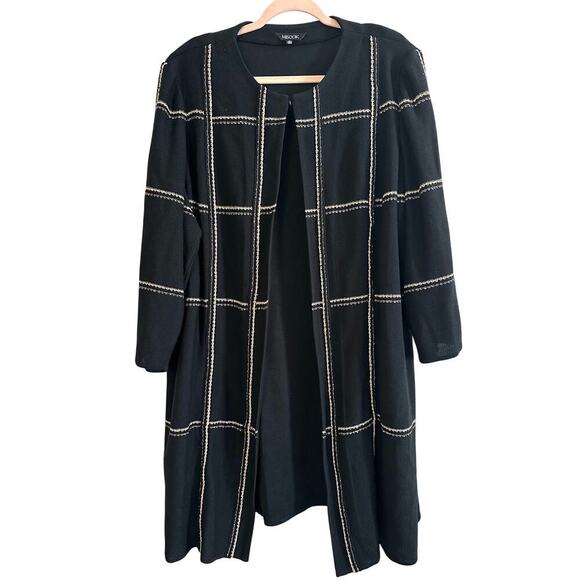 MISOOK Black Windowpane Knit Duster Gold Tweed Trim Jacket Cardigan - Sz 2X - Picture 1 of 5